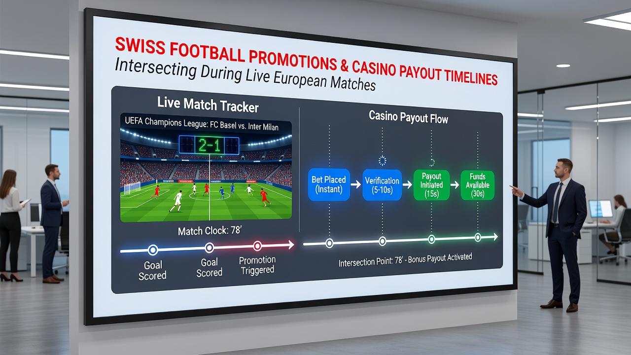 Casino interface showing payout timelines alongside football match statistics on a Swiss betting platform