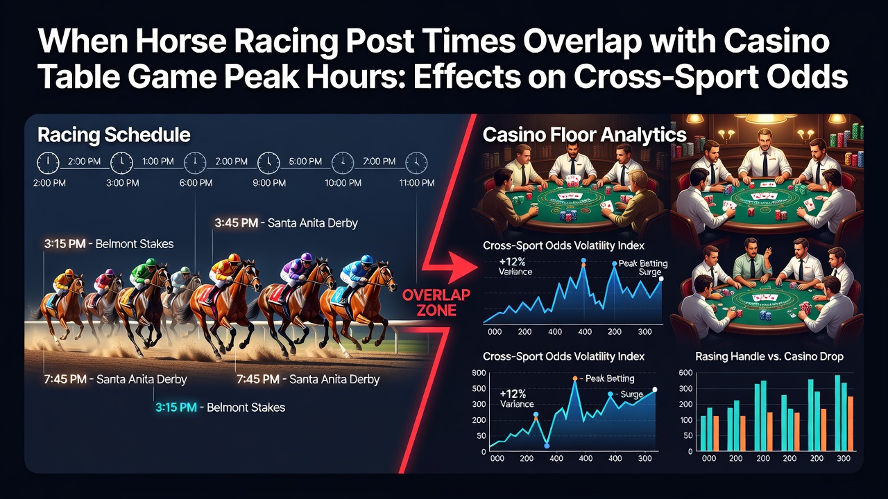 Bettors comparing cross-sport odds on terminals during overlapping horse racing and casino peak hours